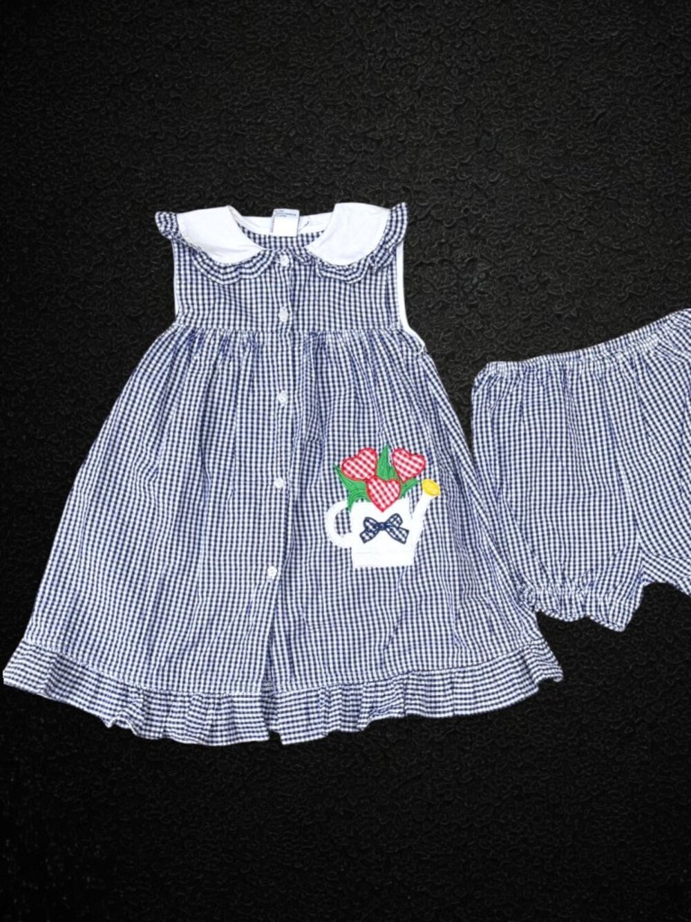Vintage Samara Blue Seersucker Gingham Tulip Watering Can Dress Bloomer Set 6X
